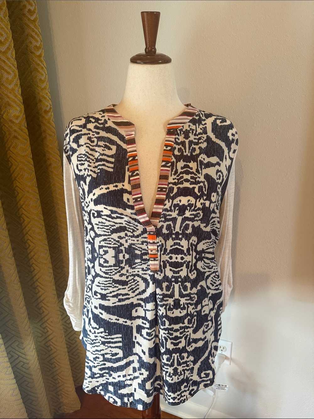 Navy & White Printed Women's Swim Coverup Tunic with Stripe-Trim V-Neck